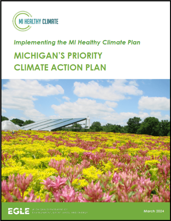 Cover of the Michigan Priority Climate Action Plan. The full plan is available online at Michigan.gov/EGLE