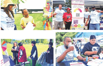 Four pictures in one with each showing people gathered to address asthma concerns.