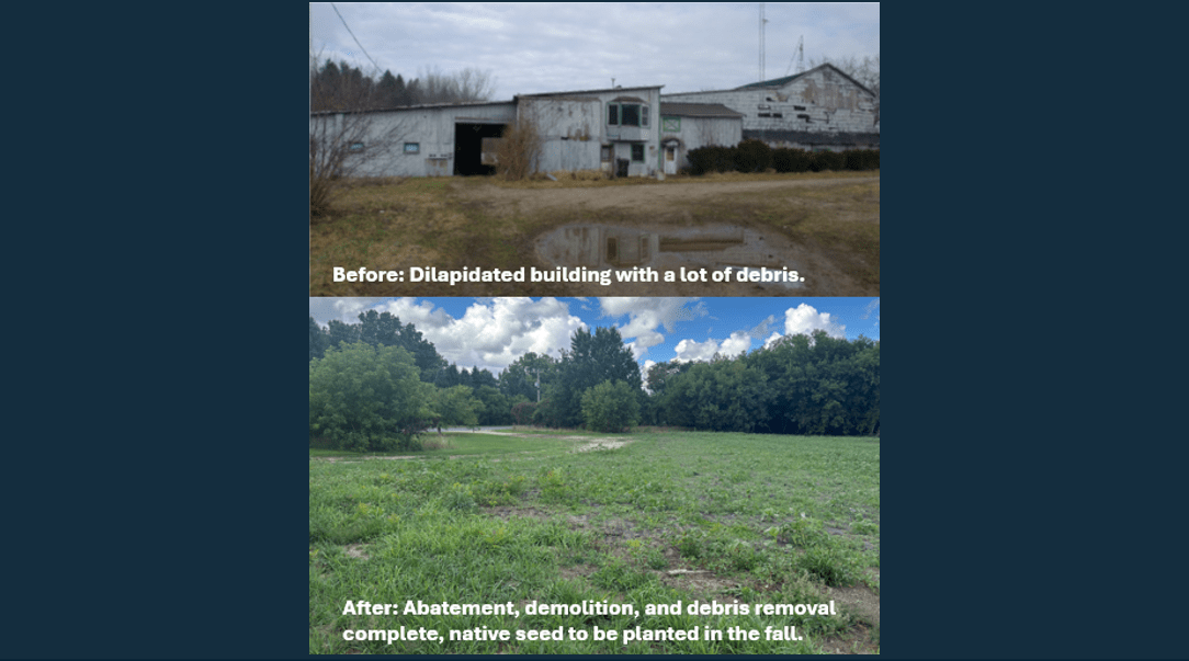 Two pictures with the top one being a before image of a building falling apart with lots of debris, and the bottom image showing the area after the building was demolished and cleaned up, and now there is a nice view of grass and trees.