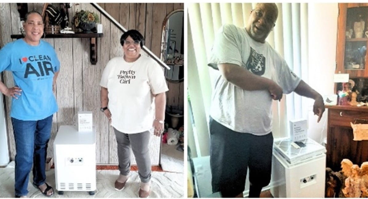 Collage of different people in their homes standing or sitting by their new air filters.