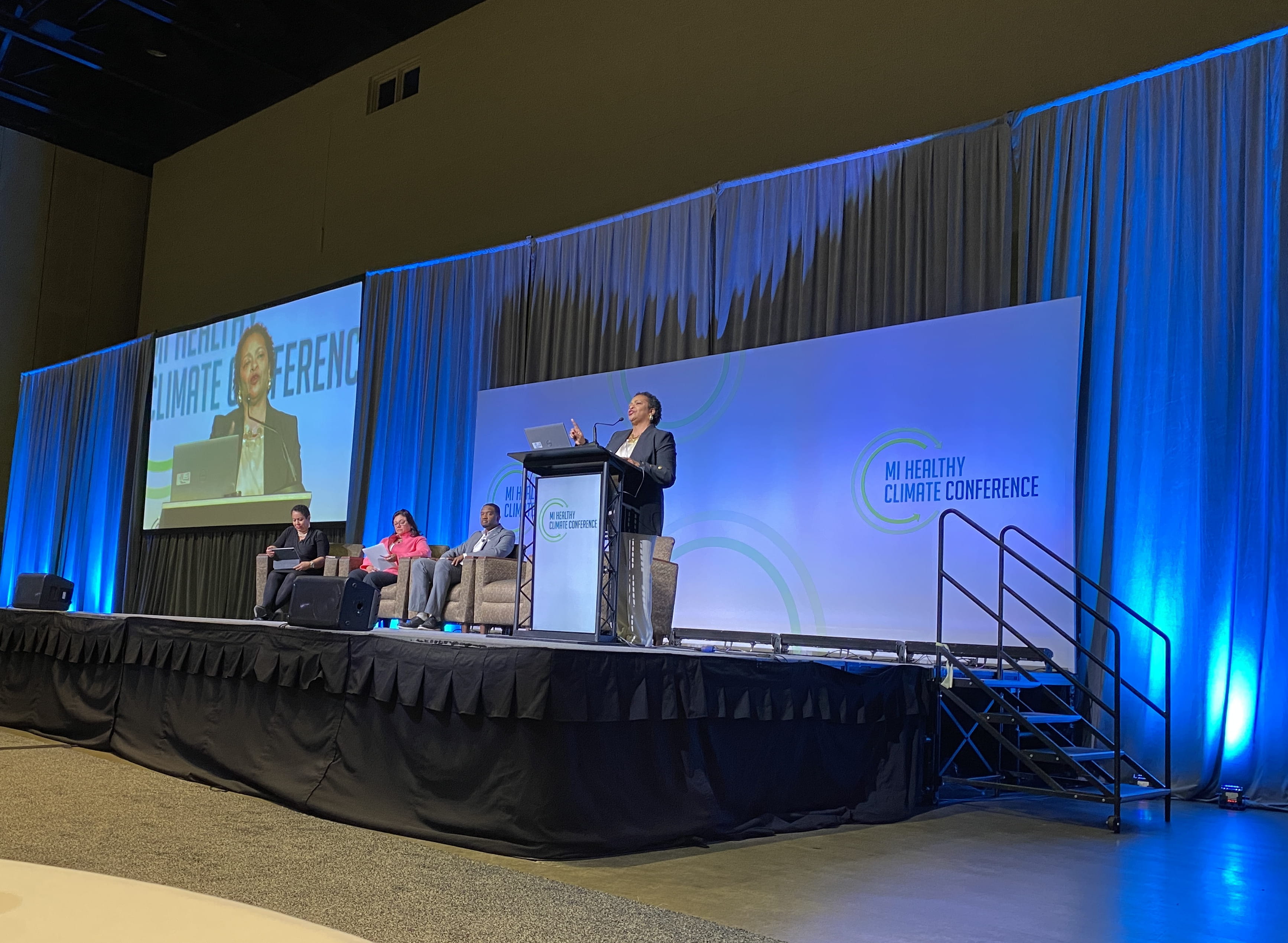 Regina Strong, right, moderates the conference’s “Grounding Climate Action in Justice” panel.