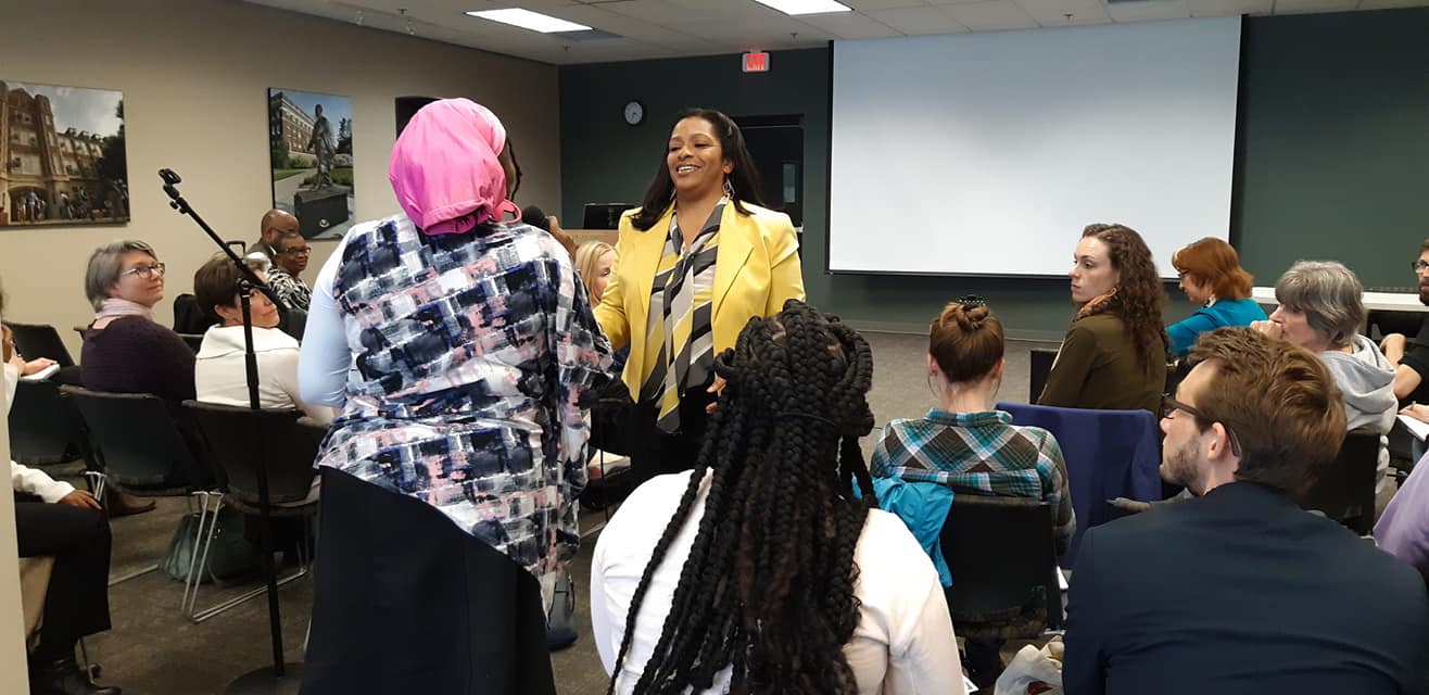 Regina Strong speaking to audience at Michigan Environmental Justice Coalition meeting April 18 2019