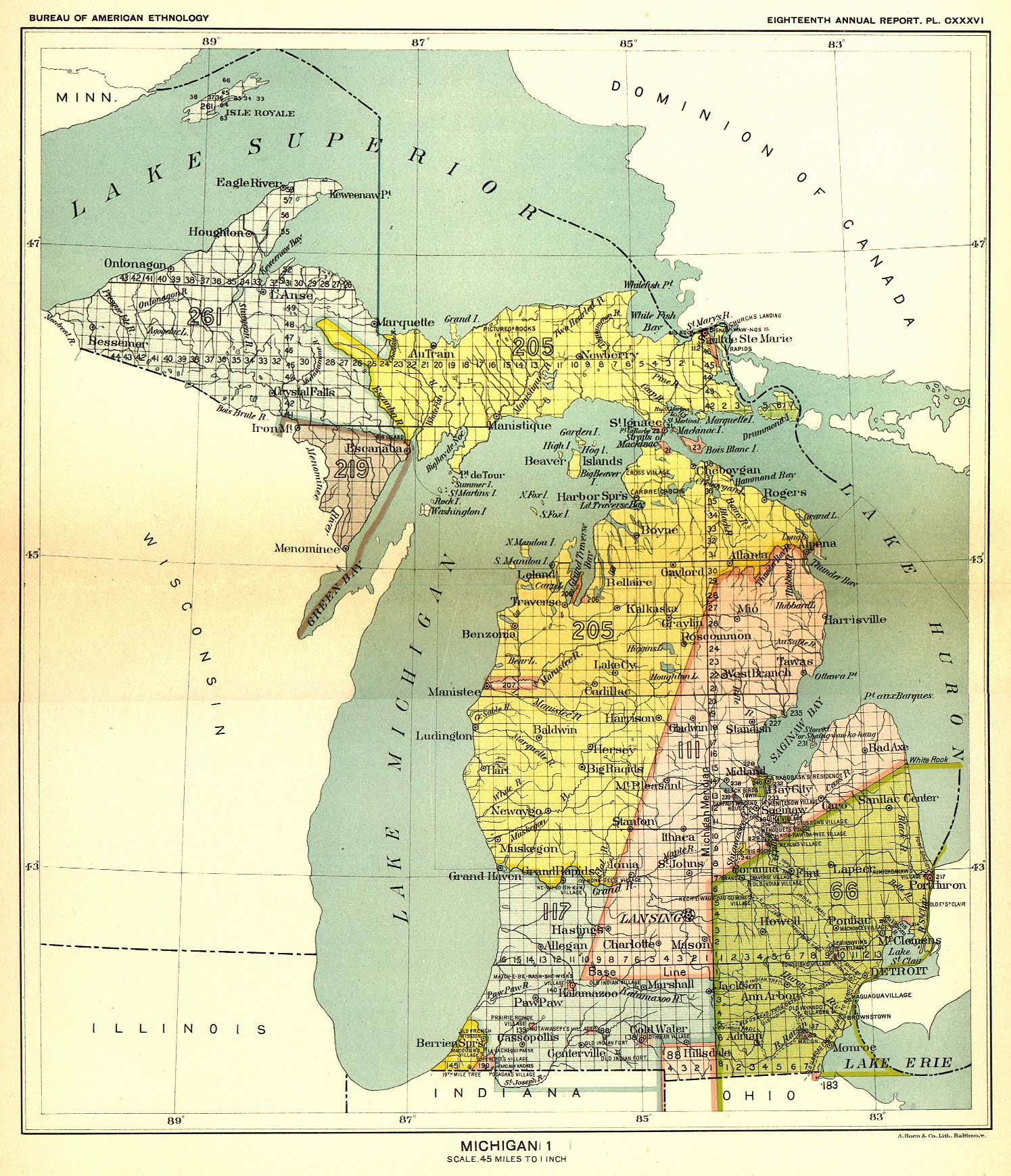 This 19th century map, produced by the Smithsonian Institution, depicts the major Native American land cessions that resulted in what is now Michigan.