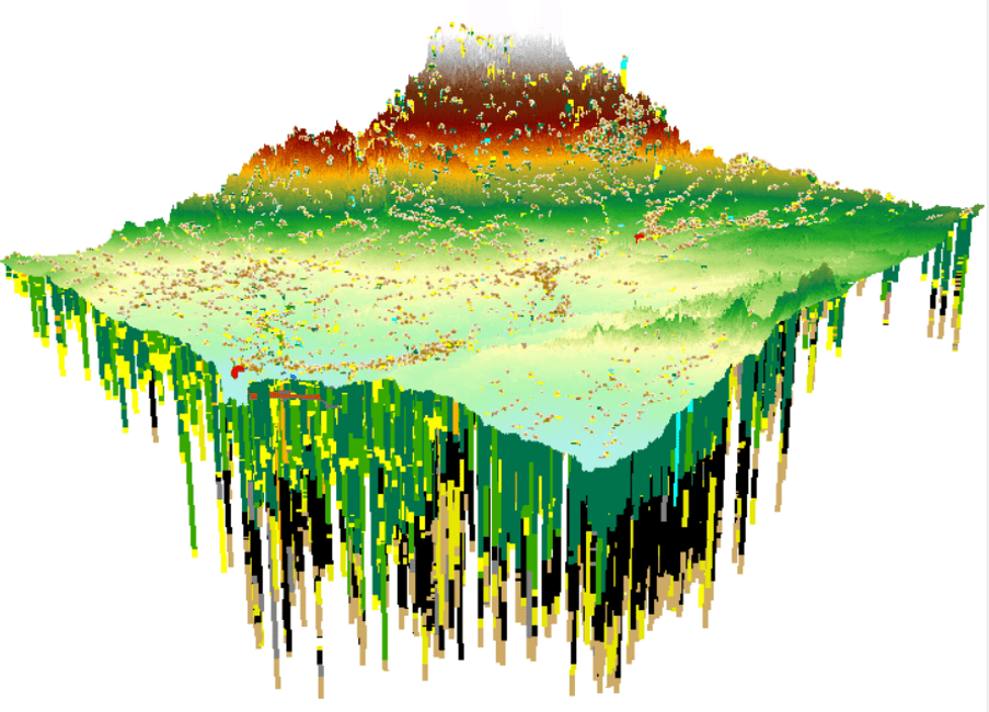 Three-dimensional rendering showing data from more than 8,000 water wells. It is vertically exaggerated 100 times to show the subsurface geology of Gladwin County.