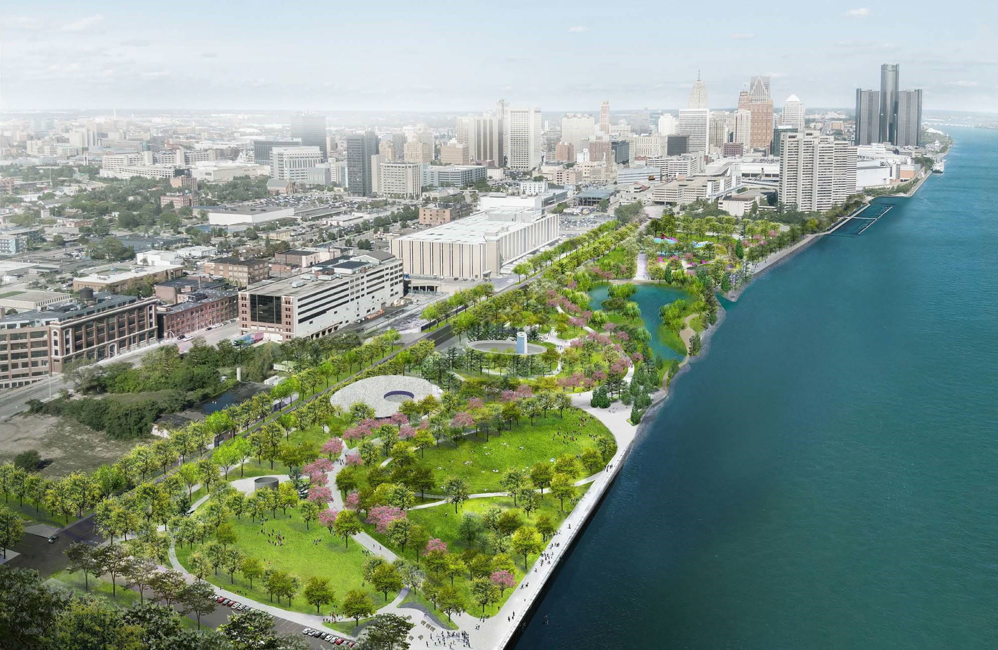 Rendering of aerial view of Ralph C. Wilson, Jr. Centennial Park in Detroit, Mich. (Rendering courtesy of Detroit Riverfront Conservancy)