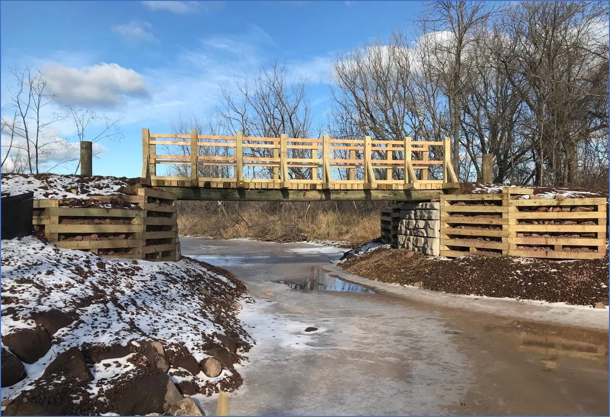 A new bridge spans a former dam site on the Ontonagon River estuary. Courtesy of the Michigan Department of Natural Resources. 