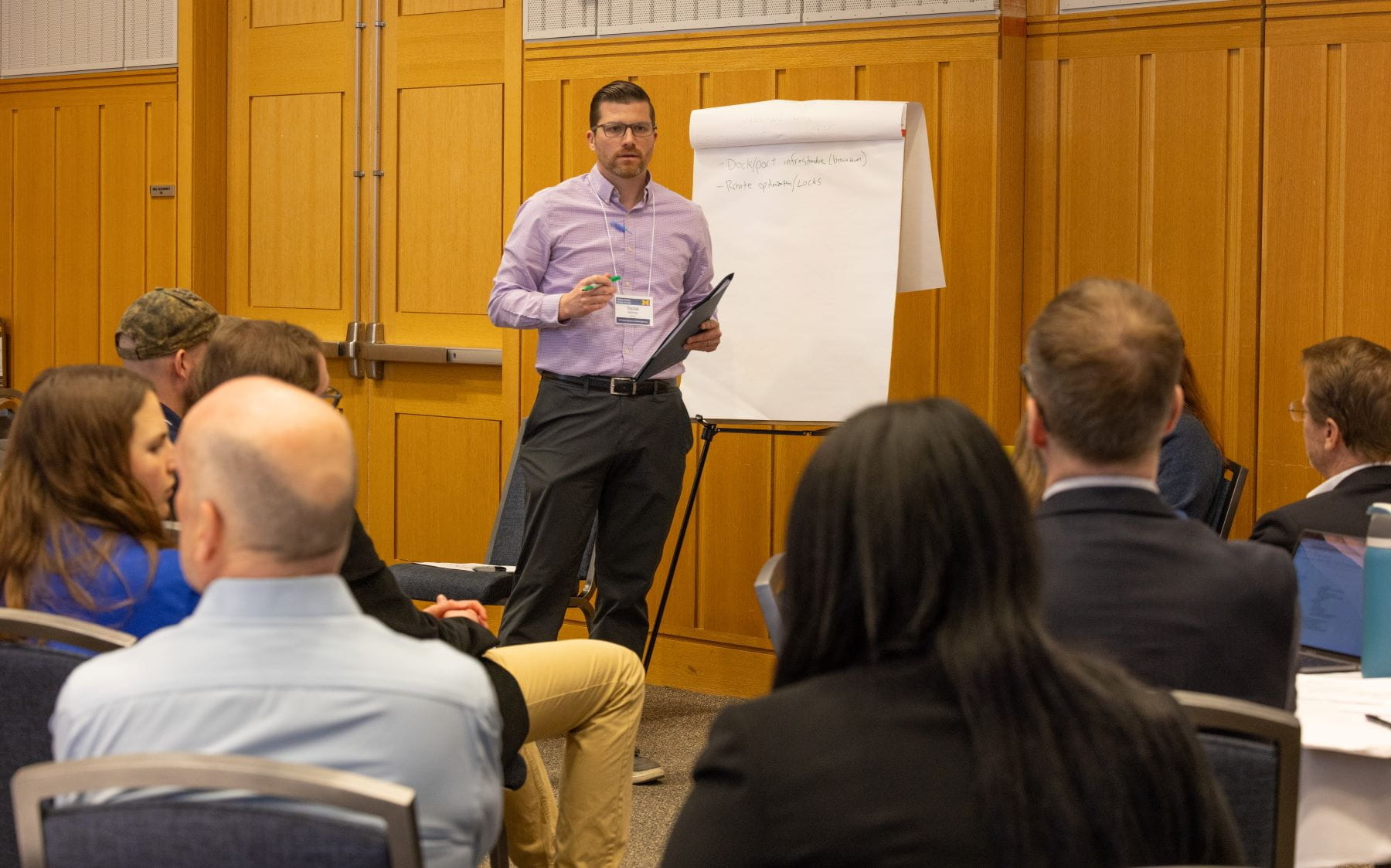 Dr. Thomas McKenney leads a small group discussion at the Maritime Strategy stakeholder workshop in March 2025 Credit: University of Michigan 