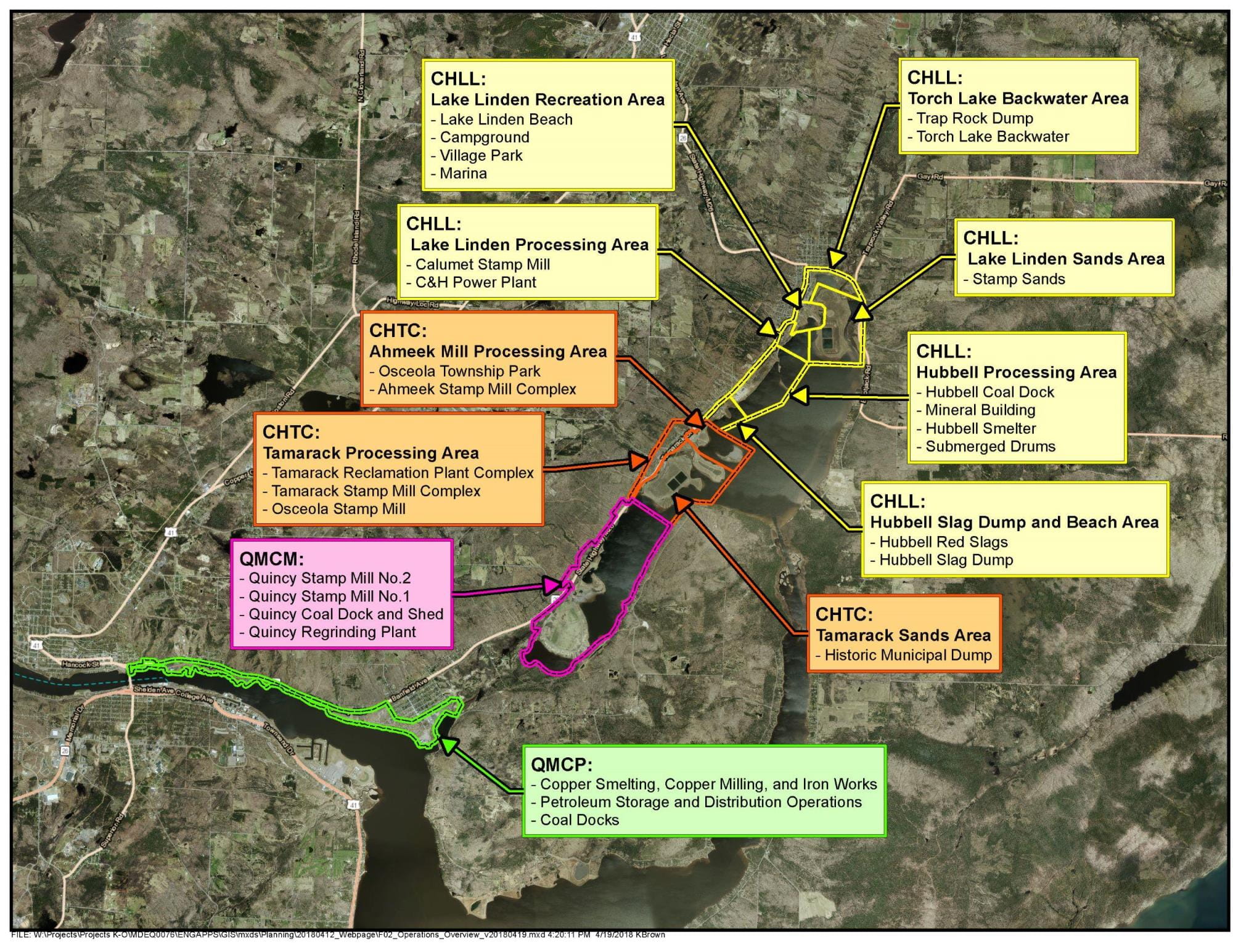 The CHLL, CHTC, and QMCM areas that are currently being evaluated and their respective former industrial sites are summarized.
