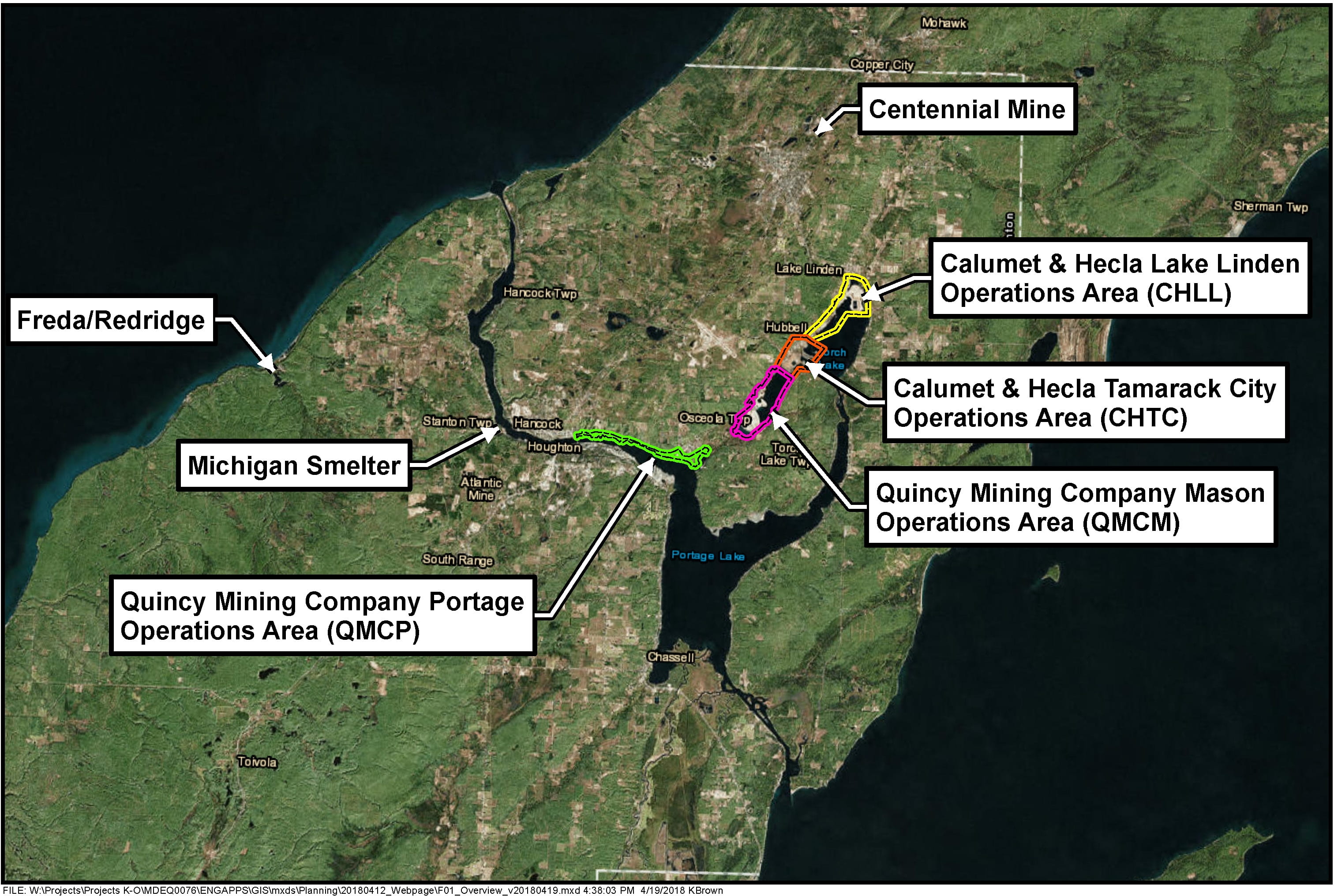 six areas, in priority order, are known as: Calumet & Hecla Lake Linden Operations Area (CHLL), C&H Tamarack City Operations Area (CHTC), Quincy Mining Company Mason Operations Area (QMCM), Centennial Mine, Michigan Smelter and Freda/Redridge.