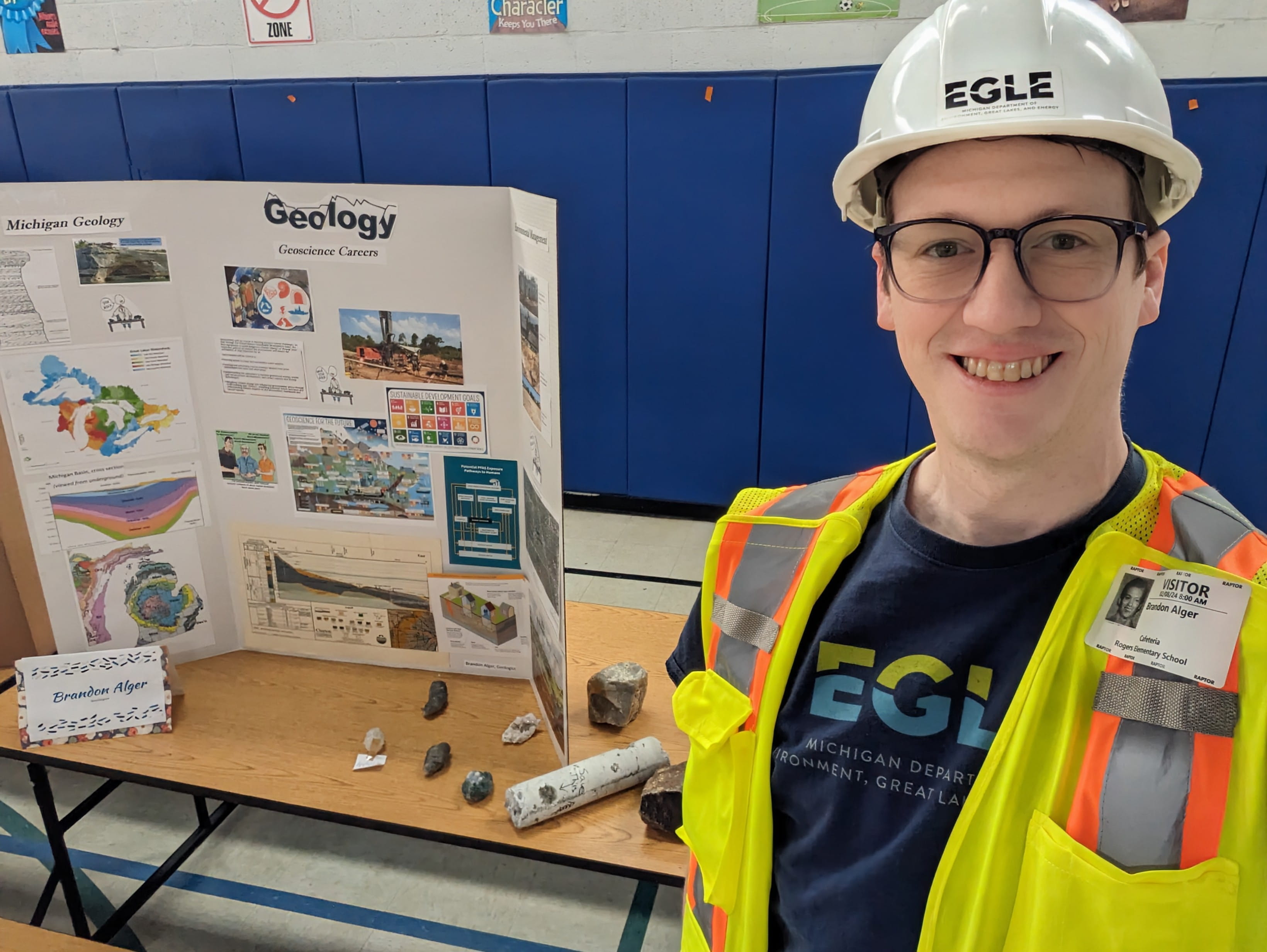 Brandon Alger, EGLE geologist, at Career Day at Rogers Elementary School in Berkley, Mich.