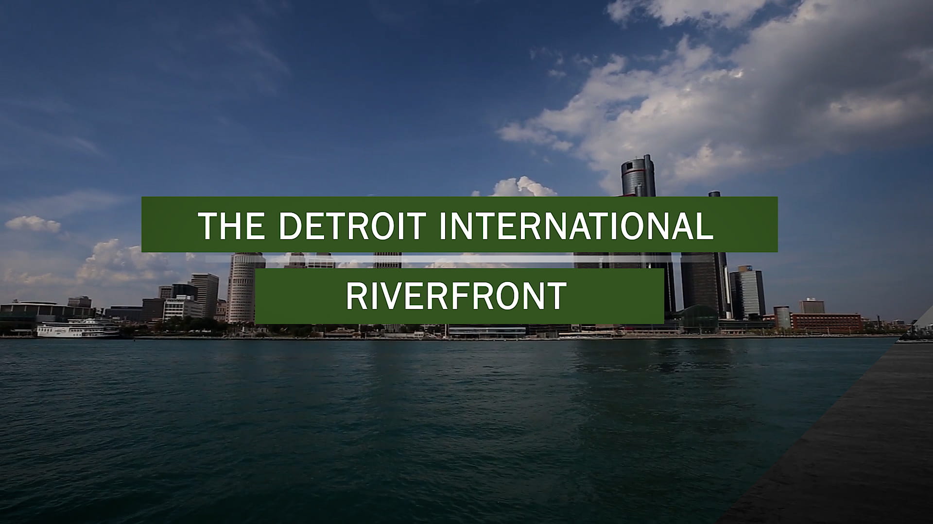 Screenshot from Detroit International Riverfront Brownfield Flip video. showing the Detroit skyline.