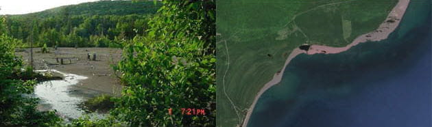 inland stampsands location (L), aerial view of stampsands in Gay, MI (R)