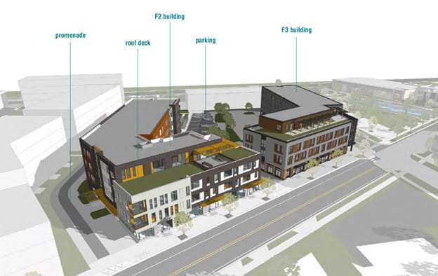 Rendering of the Boston Square Together development. Image shows two of the proposed mixed-use buildings. Portions of the buildings are situated along Kalamazoo Avenue SE. Parking is located between the buildings which are slightly V-shaped and L-shaped.