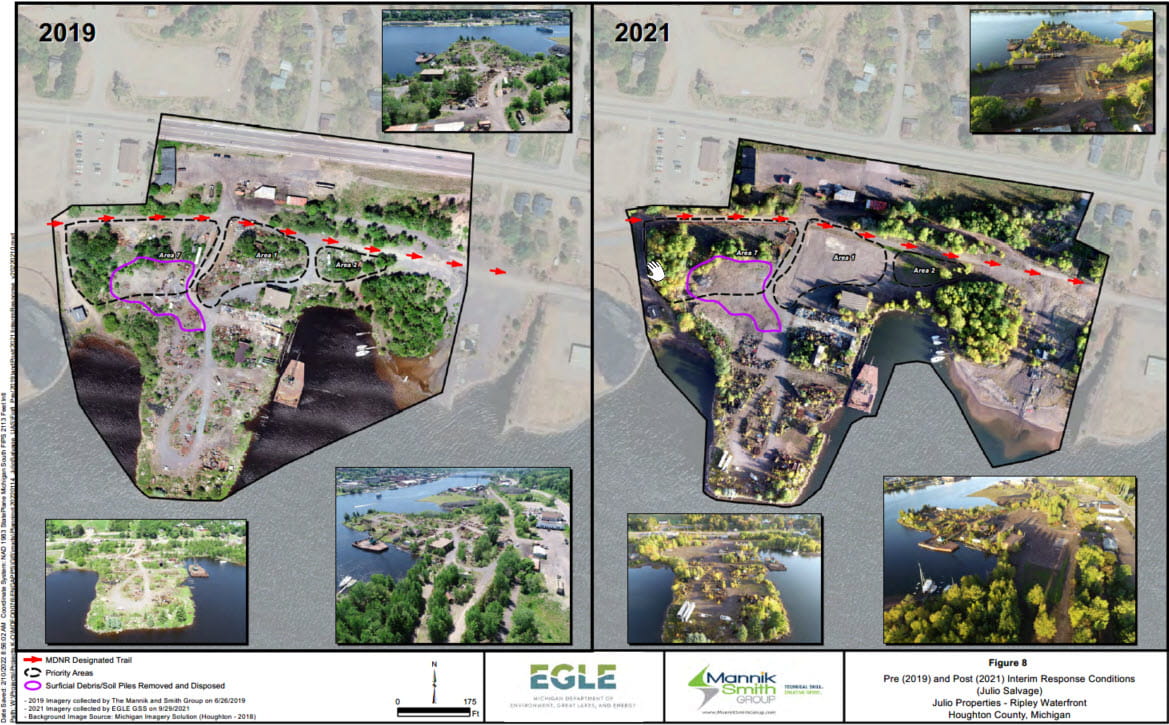A side by side comparison photo of the Interim Response Conditions at the Julio Scrapyard in 209 and 2021