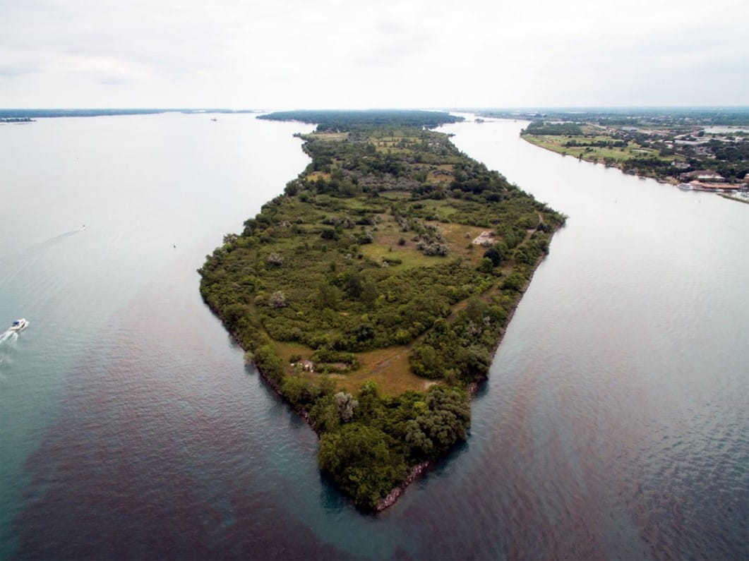 Aerial view of Hennepin Point, a 225-acre island in the Detroit River.