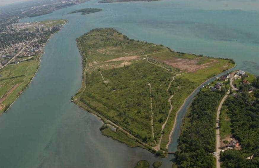 Aerial view of Hennepin Point, a 225-acre island in the Detroit River.