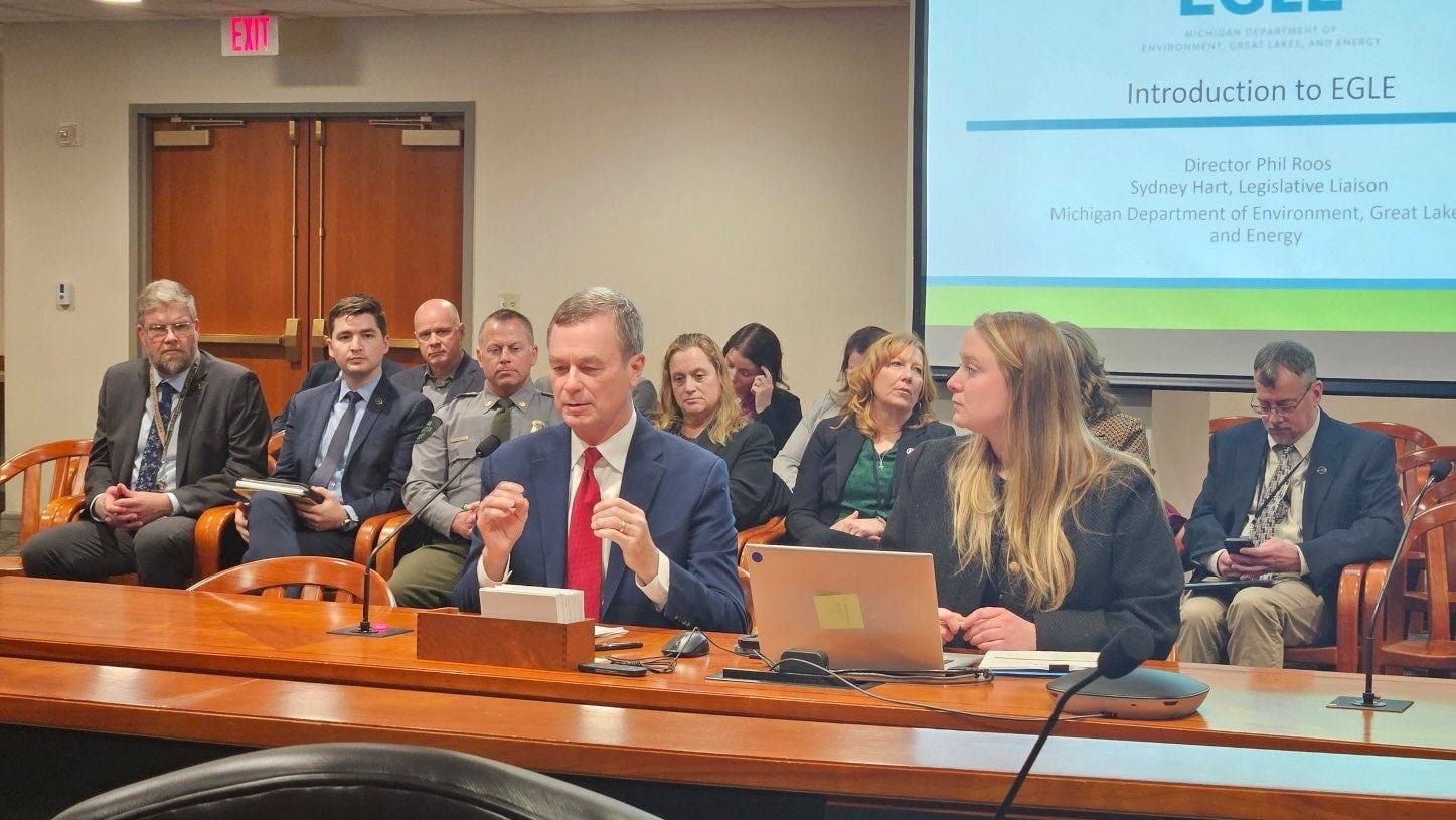 EGLE Director Phil Roos and Sydney Hart, the department’s legislative liaison, at a recently delivered a presentation to the House Natural Resources and Tourism Committee.