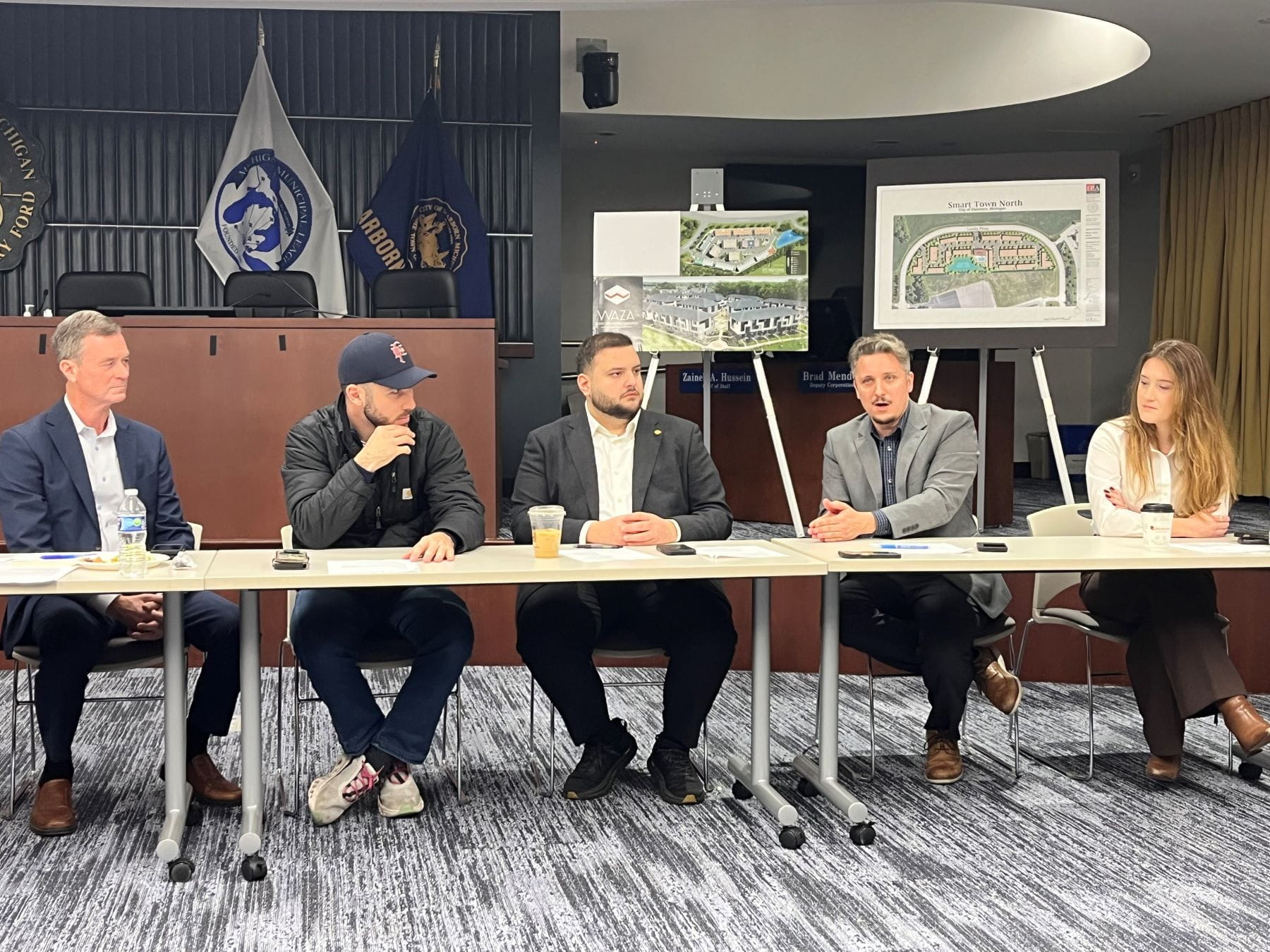 Discussing brownfield redevelopment opportunities in the City of Dearborn. Left to right: EGLE Director Roos, Dearborn Mayor Hammoud, Representative Farhat, City of Dearborn Economic Development Director Jordan Twardy, and City of Dearborn Planning and Zoning Manager Kaileigh Bianchini. 