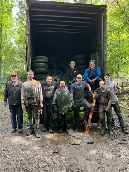 Matt Clark of EGLE, Sarah Kelly and other Calhoun County staff, a work crew from the Treasurer’s office, and a volunteer from the West Michigan Environmental Action Council helped with the scrap tire clean-up in Battle Creek. Photo courtesy of Calhoun County.
