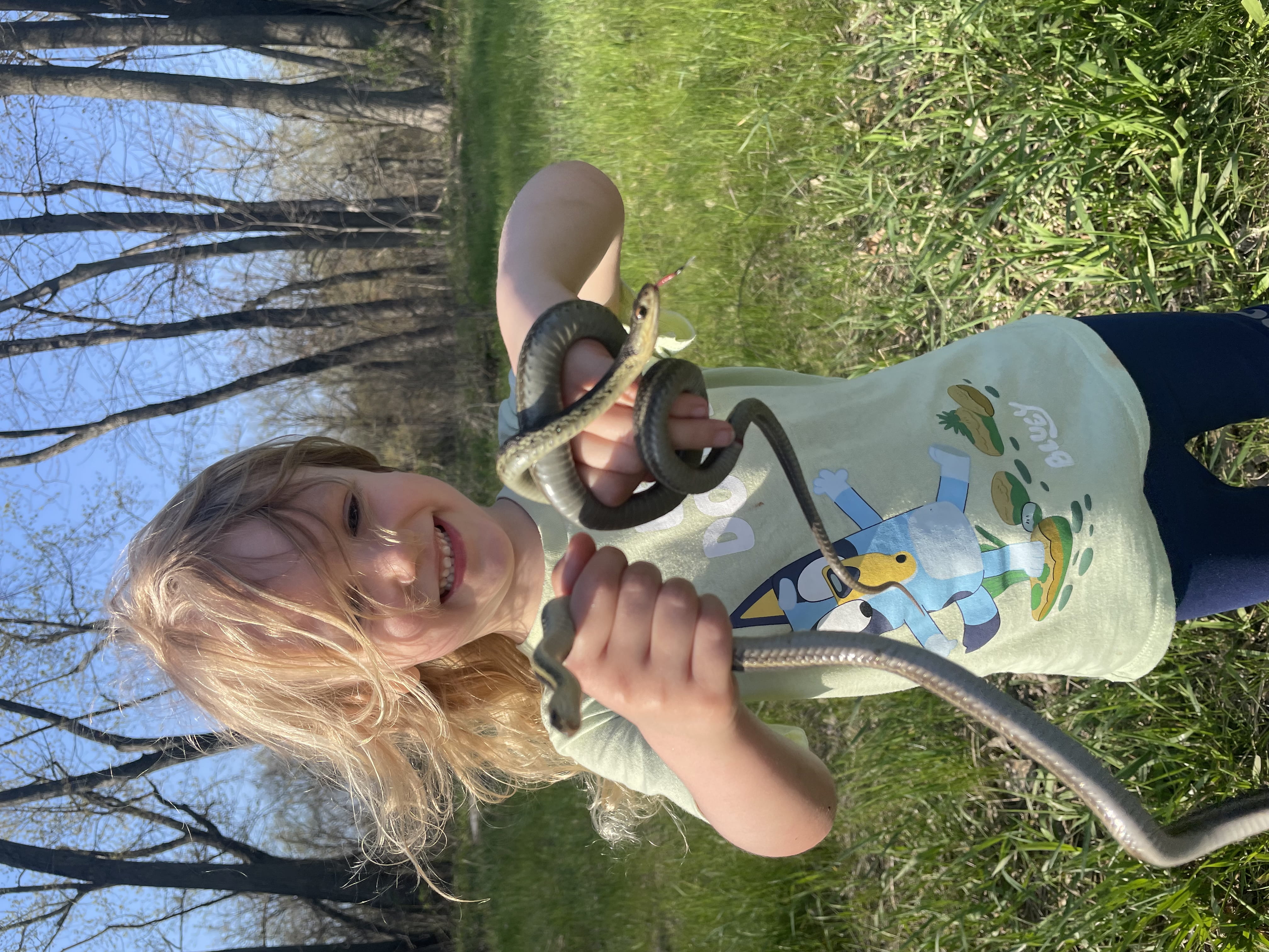 Hazel Armstrong, daughter of Brandon Armstrong, holds two snakes. 