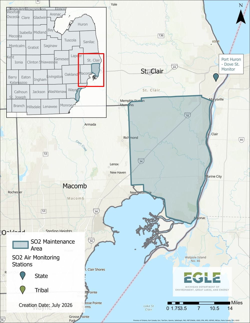 showing the former SO2 nonattainment area in St. Clair County.