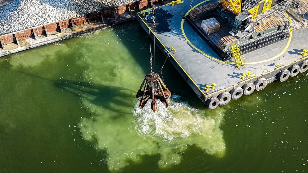 Limestone cobble built up to create a rock reef that sits 5.5 feet below the surface when water levels are lowest. (Photo: Zak Allan, Great Lakes Fishery Commission)