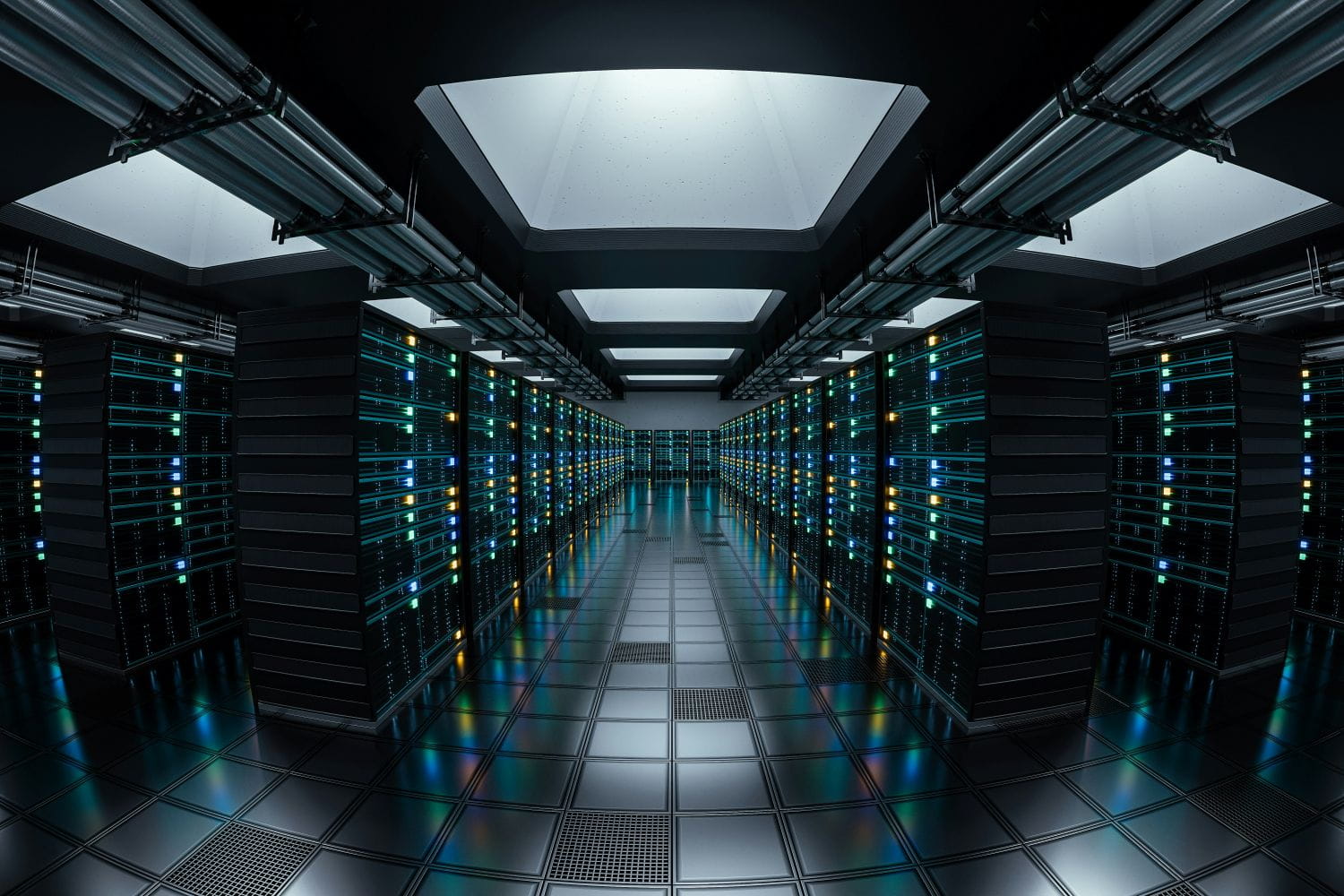 3D render of a computer server room with floor to ceiling computer parts with blinking lights
