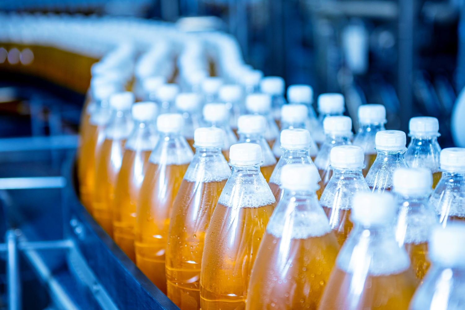 Clear bottles of apple juice on a conveyer belt at a beverage factory