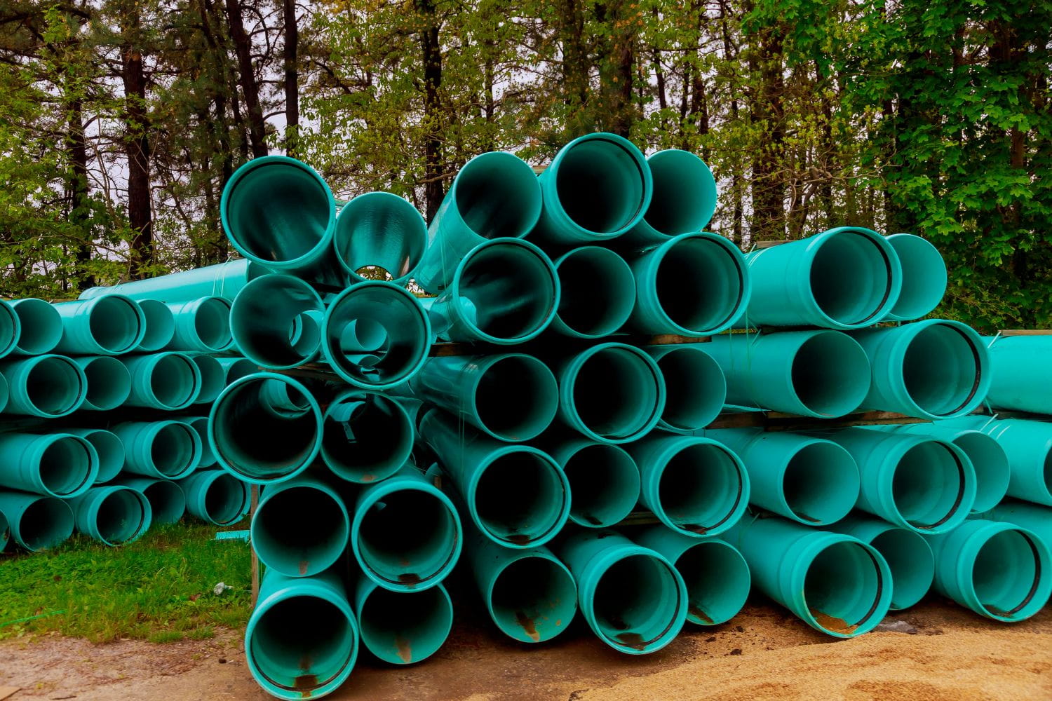 A large stack of industrial-sized green plumbing pipes waiting to be installed