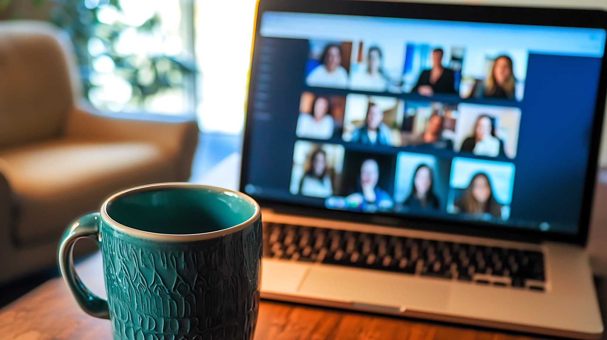 Virtual conference with a coffee cup