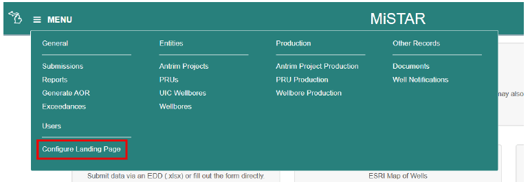 Red border around the configure landing page button in the dropdown