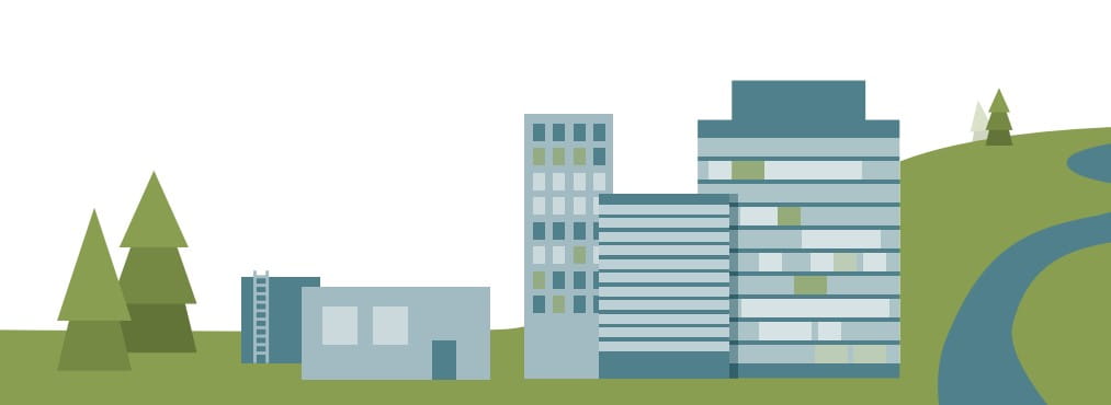 Blue and green illustration of industrial buildings