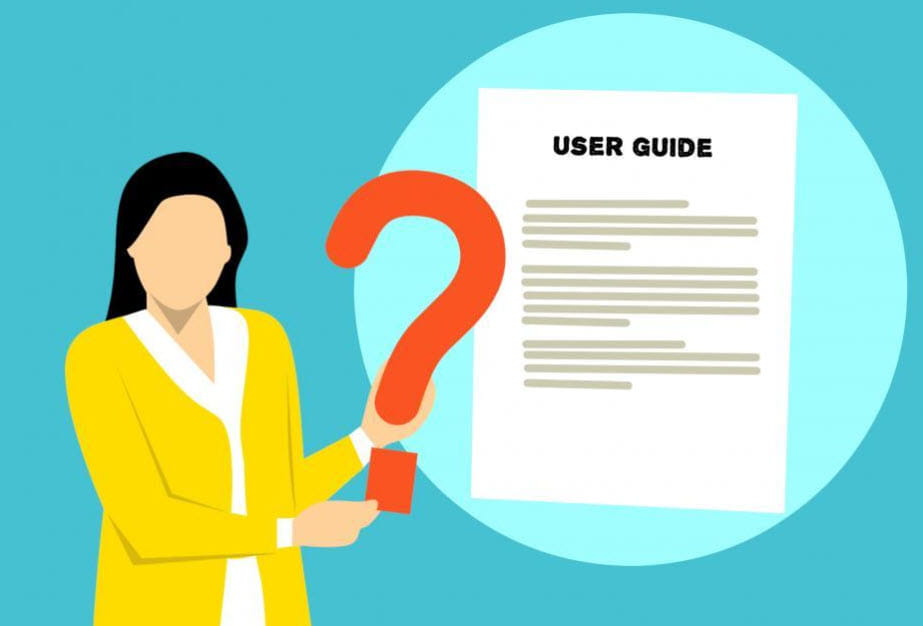 Graphic featuring a woman with a question mark looking at a user guide