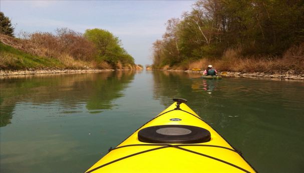 Front of yellow kayak on river 