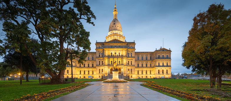 The Lansing capitol building, illuminated by lights at night