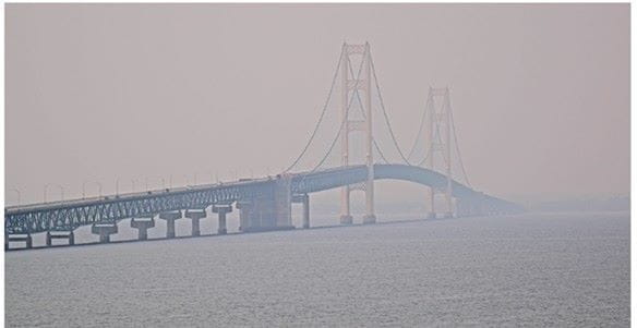 Mackinaw Bridge during a wildfire smoke event in 2025.