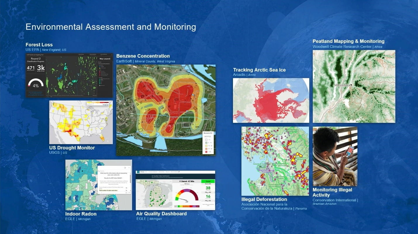 different pictures showing forest loss, benzene concentration, US drought, indoor radon, AQD, artic sea ice, illegal deforestation, monitoring illegal activity and mapping and monitoring.