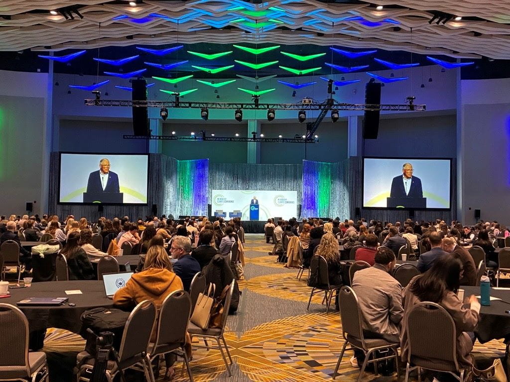 Former Washington Governor Jay Inslee delivers the morning keynote address at the MI Healthy Climate Conference in Detroit.