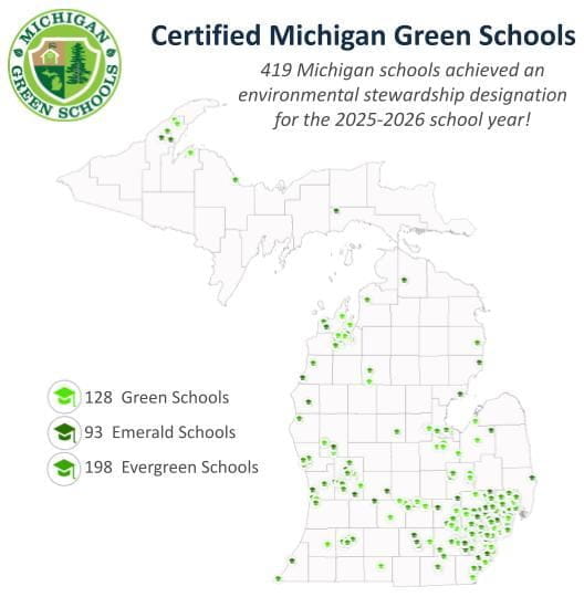 Map of the State of Michigan showing locations of Michigan Green Schools.