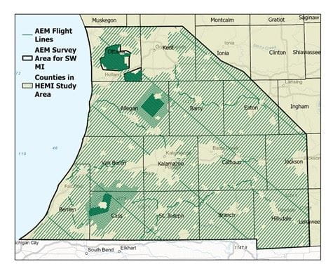 map of Michigan zoomed on the south west side of the map with green highlighting the flight lines