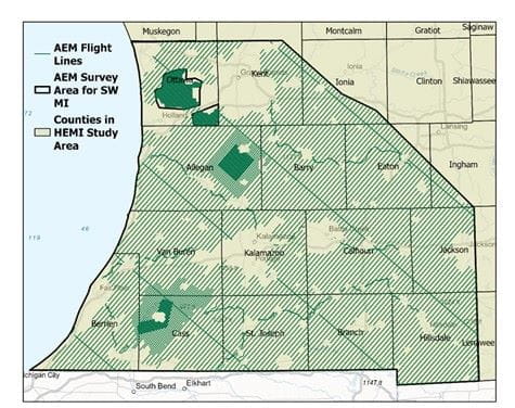 map of Michigan zoomed on the south west side of the map with green highlighting the flight lines