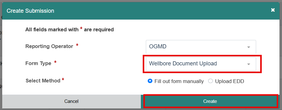 On the create submissions page with a red border around the wellbore document upload button and another red border around the create button.