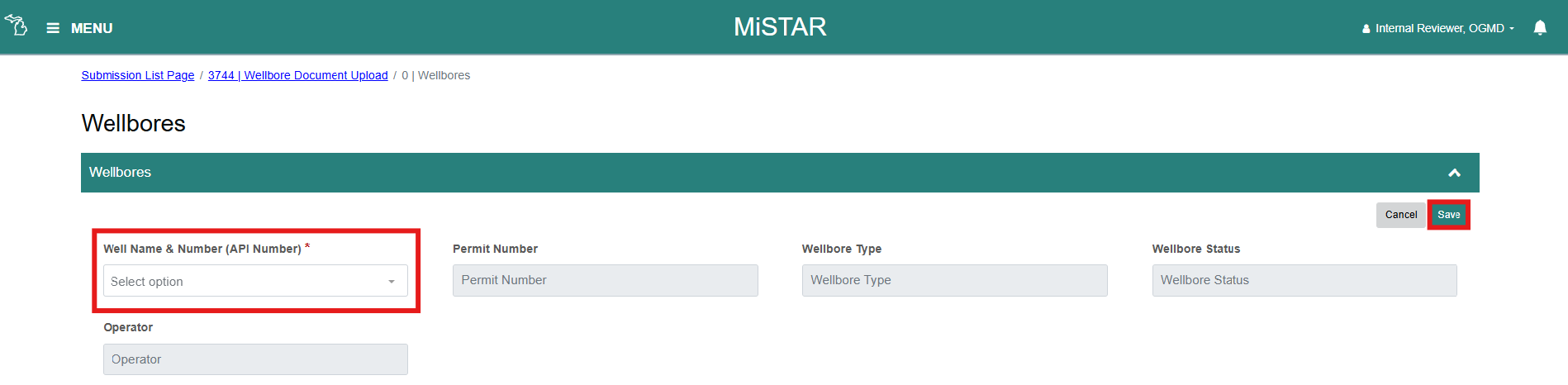 on the wellbores page the well name and number (API Number) button is highlighted with a red border