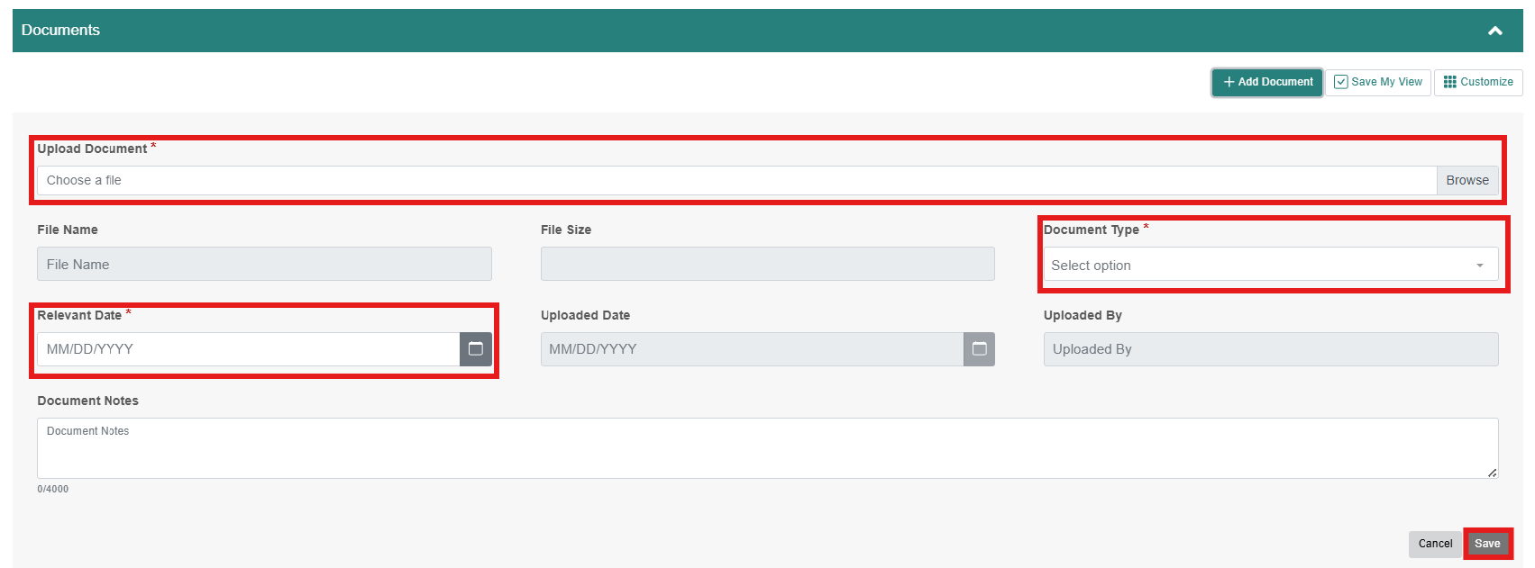 red border around the upload document section, another red border around the document type and a red border around relevant date