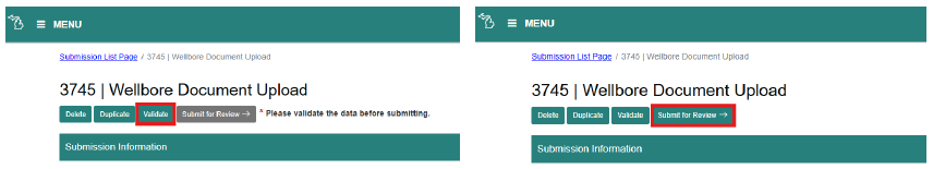 in the Wellbore document upload section there is a red border around the validate button first then another red border around the submit for review section