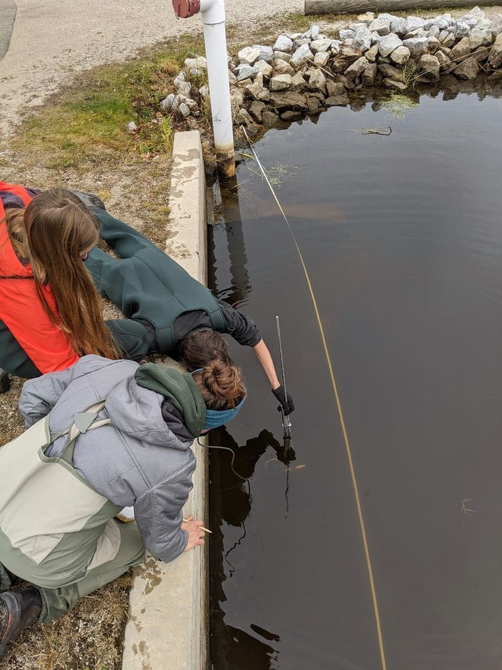 Cedarville High School students install a monitor in a local waterway. 