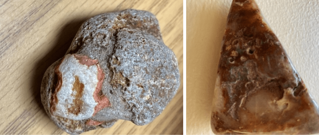 Unpolished agate in basalt host rock (left) next to outside of an agate showing the waxy luster with pock marks.