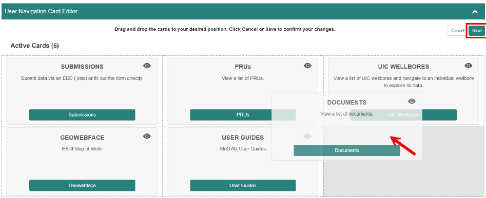 Red border highlighting the save button with a red arrow pointing to view a list of documents
