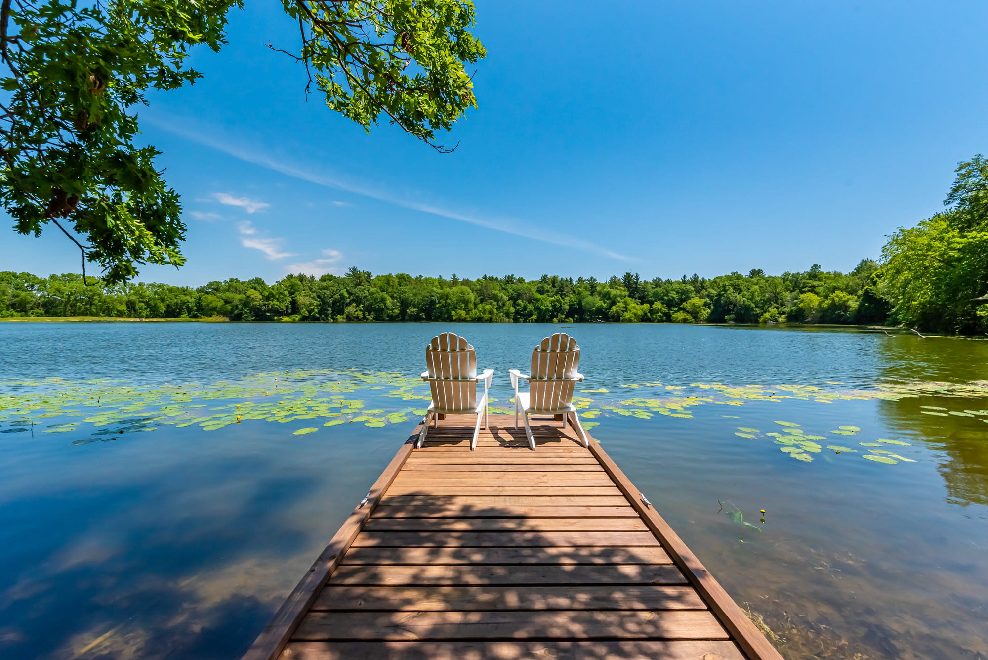 dock with 2 chairs on inland lake in the summer