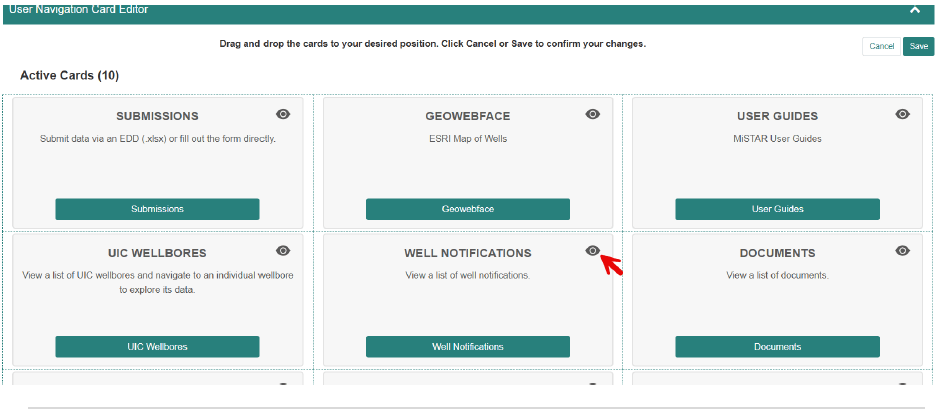 Red arrow pointing to a eye icon in the top right corner of the well notifications box.